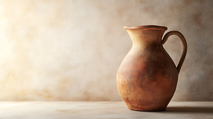 A detailed 3D image of a classic clay jug with a handle, positioned on a neutral background, the lighting accentuating its textures and giving a sense of depth.