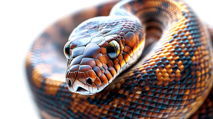 Fototapeta premium A detailed, high-quality photo of a snake in a loose coil on a white background, its radiant scales shimmering under natural light, every color and texture visible