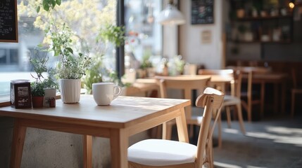 Fototapeta premium Scandinavian style luxury coffee shop, light wooden table, white linen chair, bare concrete floor, simple white wall, decorated with small plants and natural light