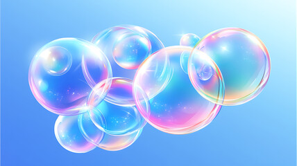 A group of soap bubbles drifting together, each bubble showing colorful reflections of light in blues, pinks, and greens, set against a simple, clean background,