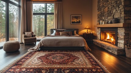 Luxury bedroom with fireplace, king-size bed, dark wooden floor, large stone fireplace, luxurious floor lamp, decorated with antique carpet, peaceful atmosphere