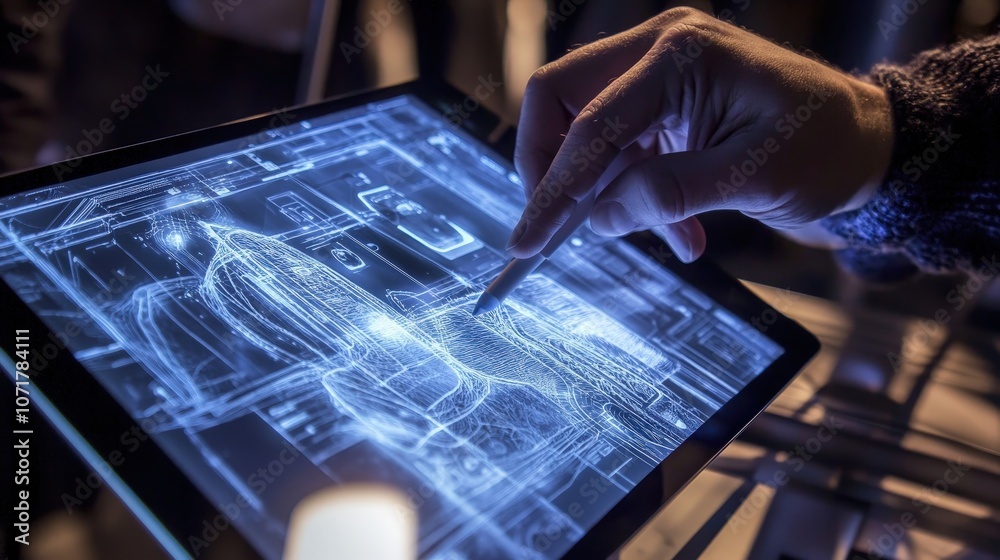 Poster a designer creating a digital rendering on a high-tech tablet, showing the process of translating id