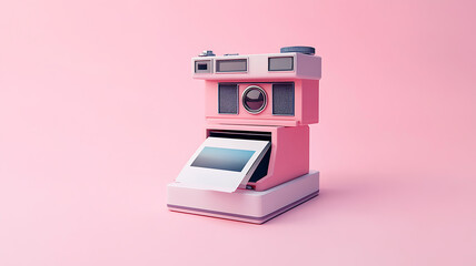 Fototapeta premium A high-quality image of a classic Polaroid camera with a printed photo sliding out, positioned on a clean background with soft shadows enhancing its timeless look