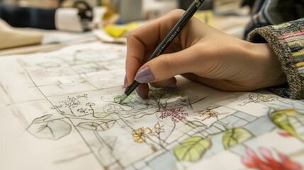 A designer working on sustainable fashion, with eco-friendly fabrics and concepts that emphasize ethical production