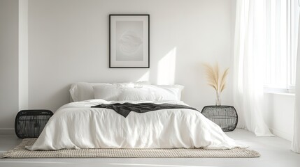 Minimalistic white bedroom interior with natural light.