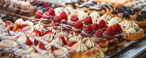 Fototapeta premium Sweet Delights: Raspberry and Strawberry Pastries with Whipped Cream