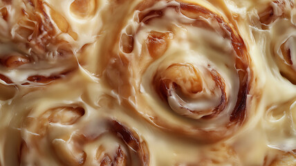 A high-quality photo of a freshly baked Cinnabon roll, close-up of the fluffy dough and thick icing melting into each swirl, set on a simple background to emphasize its delicious texture