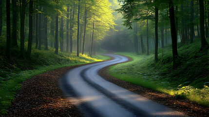 Obraz premium Winding Road Through Lush Green Forest - Photo