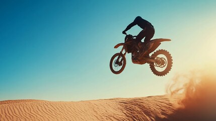 Obraz premium Silhouette of motocross rider jumping over a sand dune at sunset.