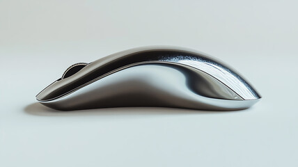 A high-quality photo of a sleek wireless computer mouse on a clean white background, showing smooth curves and a minimalist design, with soft shadows adding depth.