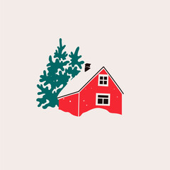 Red House in snow and trees. Scandinavian style home. Hand drawn trendy Vector illustration. Isolated design element. Building, sweet home, real estate, greeting card, winter concept