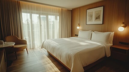 Obraz premium Five-star hotel room, warm color tone, wooden floor, king size bed, gold table lamp, decorated with artwork, quiet atmosphere