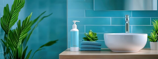 Fototapeta premium Modern Bathroom Decor with Aqua and Green Elements