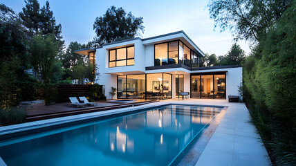 Fototapeta premium A modern minimalist dream house with an open floor plan, sleek white walls, a spacious pool in the backyard, and soft, ambient lighting, surrounded by greenery.
