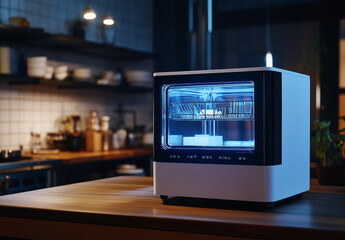 Obraz premium A small, white dishwasher on a kitchen counter
