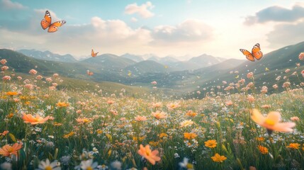A field of wildflowers with mountains in the distance, butterflies flying in the air.