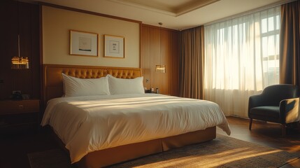 Obraz premium Five-star hotel room, warm color tone, wooden floor, king size bed, gold table lamp, decorated with artwork, quiet atmosphere