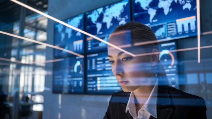 A businesswoman in a modern office analyzing data on large digital screens displaying global maps and analytical materials.