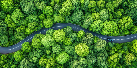 A single car drives along a winding road through a dense forest, viewed from directly above. The lush green canopy of trees provides a scenic backdrop for the vehicle's journey