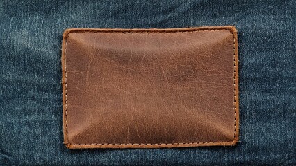 Rectangular leather tag on jeans with visible stitching detail