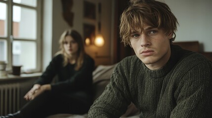 Troubled Relationship,Domestic Discord: A Man Overwhelmed,Lost in Thought.Concept of family conflict, marital discord, emotional turmoil, domestic tension, mental health struggles.