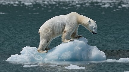 Fototapeta premium Isolated on Ice:The Impact of Melting Glaciers,The Stranded Polar Bear.Concept of climate change,environmental impact,endangered species,loss of habitat,Environmental conservation,climate science.