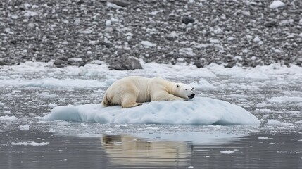 Fototapeta premium Isolated on Ice:The Impact of Melting Glaciers,The Stranded Polar Bear.Concept of climate change,environmental impact,endangered species,loss of habitat,Environmental conservation,climate science.