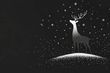 Fototapeta premium Minimalist line art illustration of a single reindeer standing on a snowy hill with falling snowflakes. The reindeer is looking upwards, symbolizing peace, hope, and winter wonder.