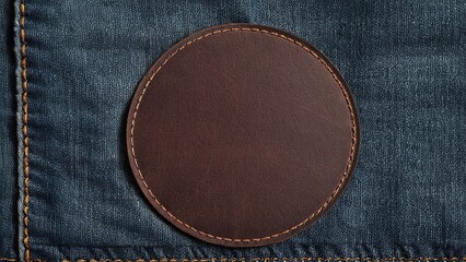 Round brown leather tag on denim fabric with visible stitching