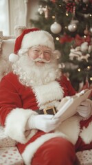 Santa Claus checks his list of good children by a cozy fireplace beneath a beautifully decorated Christmas tree