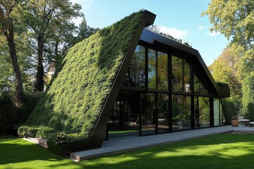 Fototapeta premium Modern green architecture eco-friendly house with a sustainable design, showcasing large windows, a green roof, and a natural setting.