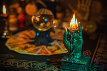 Illustration of prediction and fortune telling. Mystical altar with crystal ball and candle