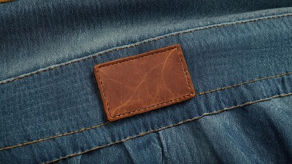 Stylish brown leather patch sewn on classic blue denim background