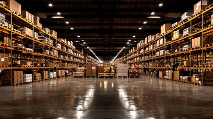 A large, organized warehouse filled with stacked shelves of boxes and products, featuring polished floors and industrial lighting.