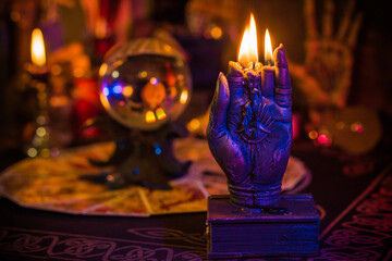 Illustration of prediction and fortune telling. Mystical altar with crystal ball and candle