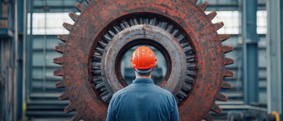 A worker in an orange helmet stands before a large rusted gear, symbolizing industry and machinery in a manufacturing setting.