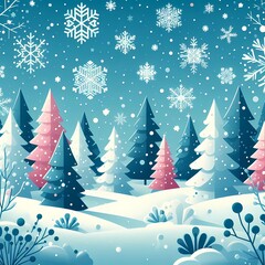 Obraz premium Snowy winter wonderland with trees and snowflakes, flat style