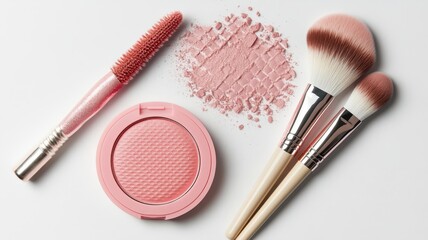 Cheek blush and Makeup brushes on studio background,colorful texture and pink powder explosion on the background,cosmetic banner concept,pouch,eyeshadow palette, and powder compacts.