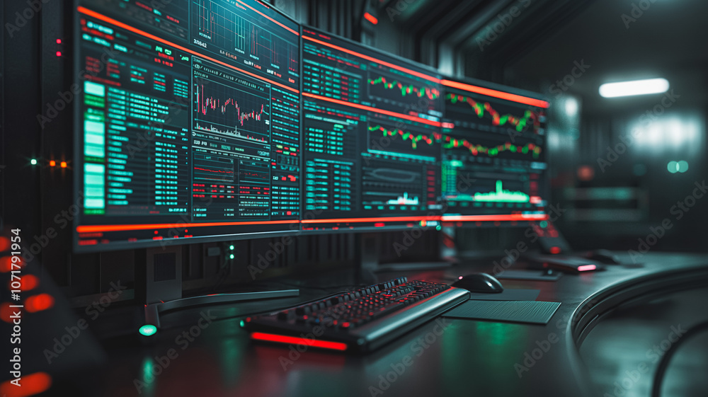 Poster a computer monitor displays a number of graphs and charts. the computer is set up for a financial tr