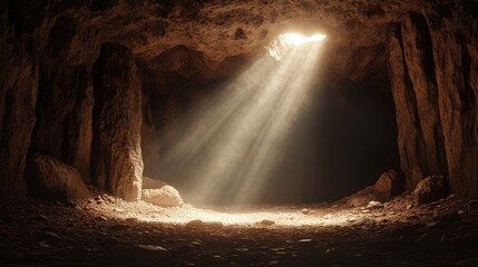 Mysterious Cave Illuminated by Sunlight Rays. A Hidden Sanctuary Beneath the Earth's Surface.