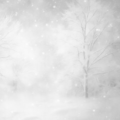 Fototapeta premium White snowy winter monochrome background with snow, snowflakes, landscape, nature, sky, horizon view.