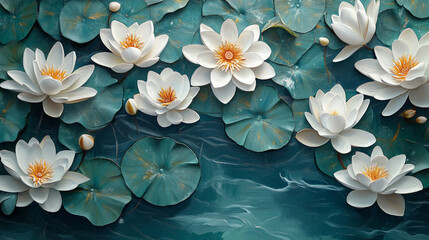 Fototapeta na wymiar Zielona tapeta, białe kwiaty lotosu na wodzie, tło z zielonych liści, trendy 2025 generative ai 