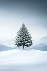 Obraz premium Solitary Pine Tree in a Snowy Winter Landscape