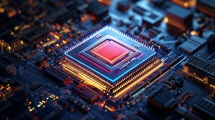 Obraz premium Close-up of a glowing processor chip on a circuit board.