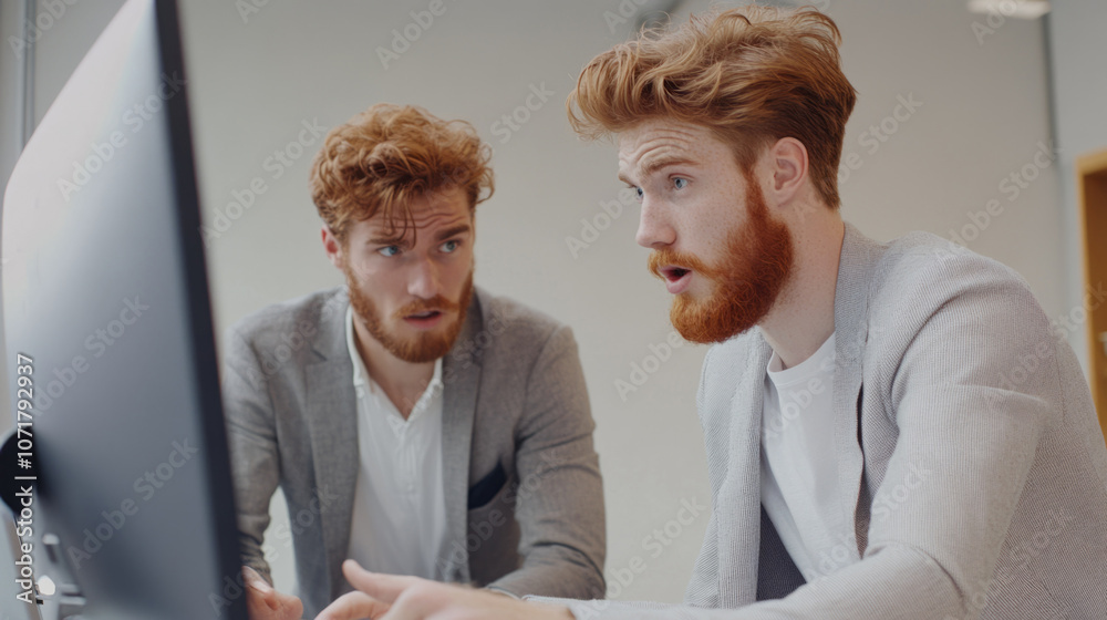 Poster two men are looking at a computer monitor, one of them is wearing a suit