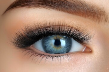 Obraz premium Close-up of an eye with long, thick mink false eyelashes creating sense of luxury and beauty, ideal for marketing, advertising, or branding purposes.