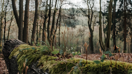 Obraz premium Lush green moss covers a fallen log in a serene forest landscape, surrounded by tall trees and soft golden foliage in a peaceful, natural setting during autumn.