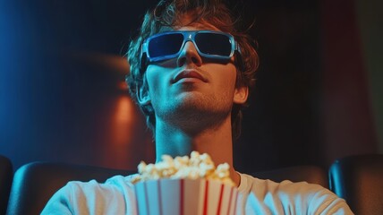 Obraz premium Young handsome man in 3d glasses eating popcorn and watching movie in cinema,Exciting movie,people eating popcorn and drinking soda while watching movie,Relax concept.