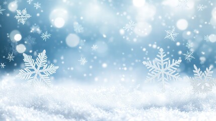 A tranquil winter scene features soft snowflakes and ice that create a chilly atmosphere, evoking the beauty of the winter season and holiday cheer