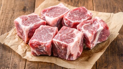 Obraz premium Fresh Cuts of Raw Red Meat on Wooden Background